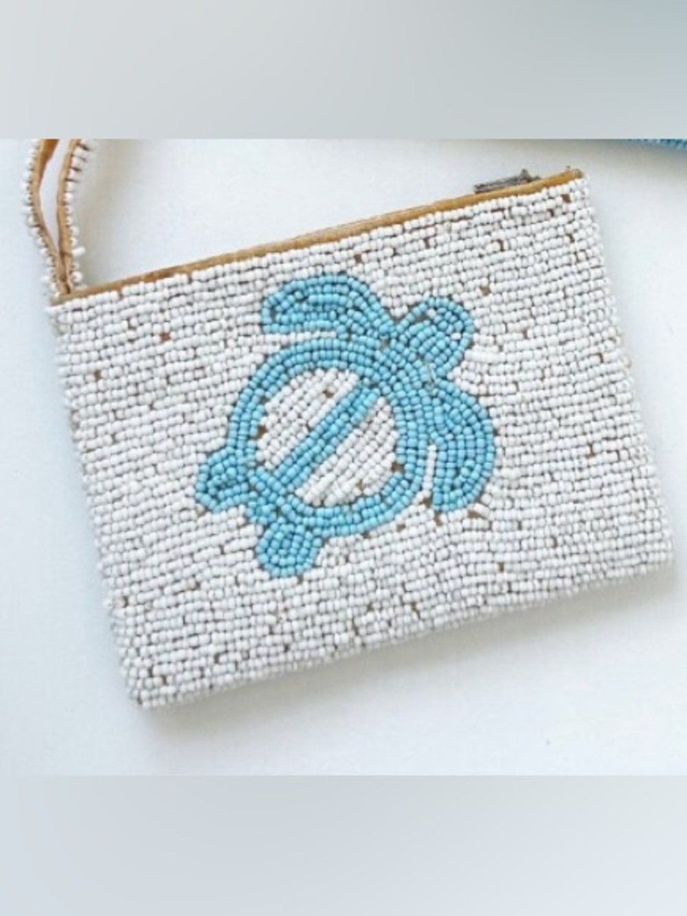 Beaded Turtle Pouch with Wristlet Strap and Zipper